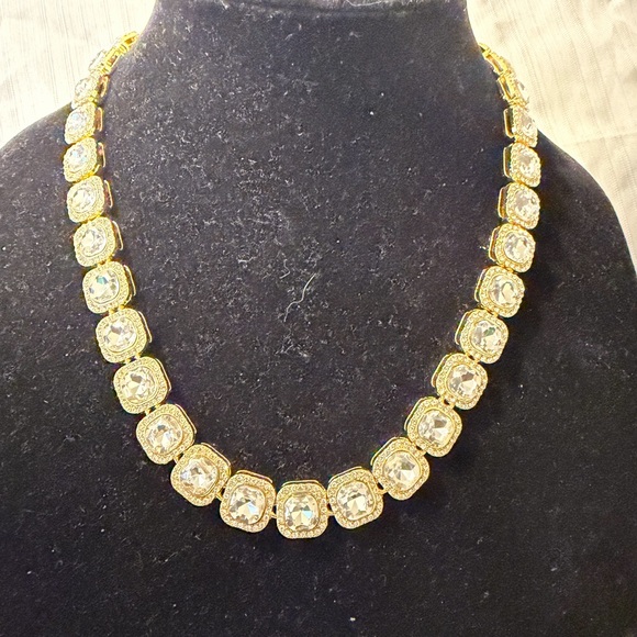Gold Tone Cushion-Cut Crystal Tennis Statement Necklace – Vintage Inspired Glam - Picture 3 of 10